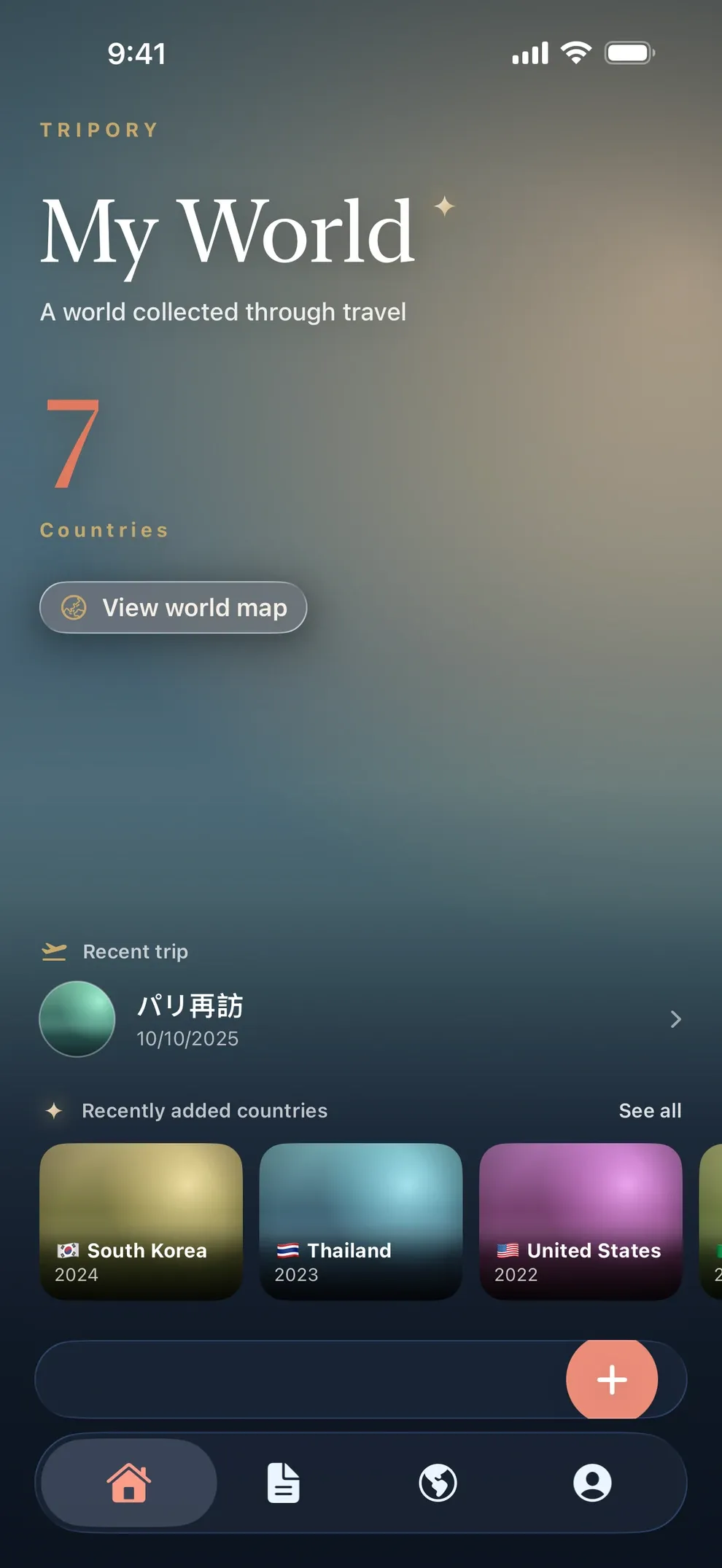 Tripory’s My World screen, showing visited countries, the recent trip, and recently added countries