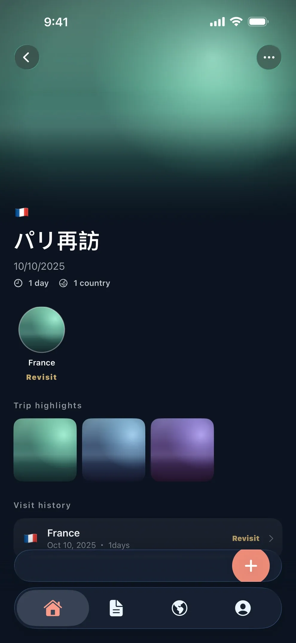 A trip's detail screen, with its hero photo, visited country, highlights, and visit history