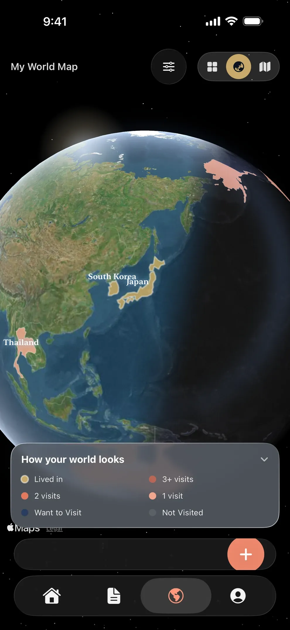 The 3D globe view from space, with visited countries colour-coded by visit count